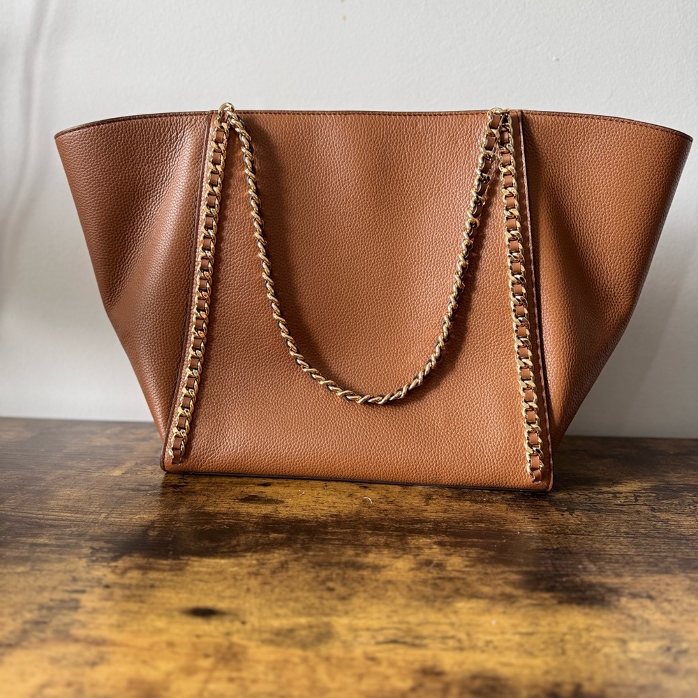 KORS Michael Kors Brown Leather Tote with Gold Chain Straps - Picture 2 of 3